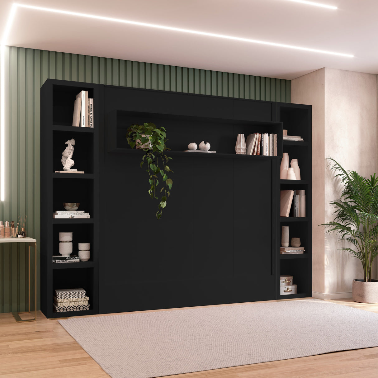 Easy-Lift King Murphy Wall Bed in Black with Two Bookshelves