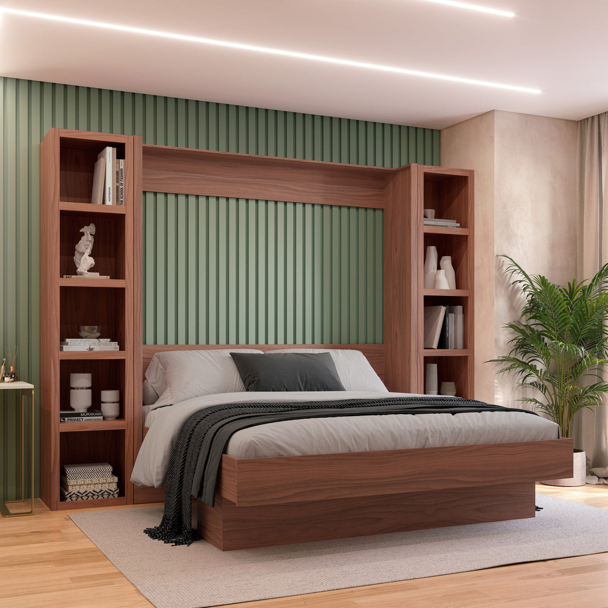 Easy-Lift King Murphy Wall Bed in Brown with Two Bookshelves