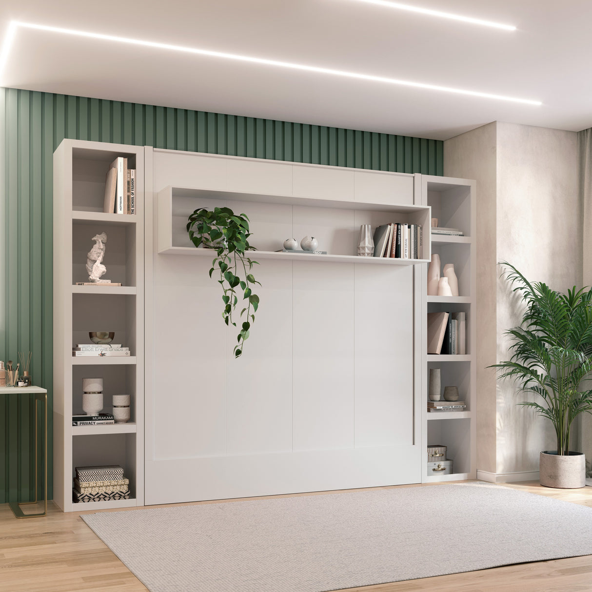 Easy-Lift King Murphy Wall Bed in White with Two Bookshelves