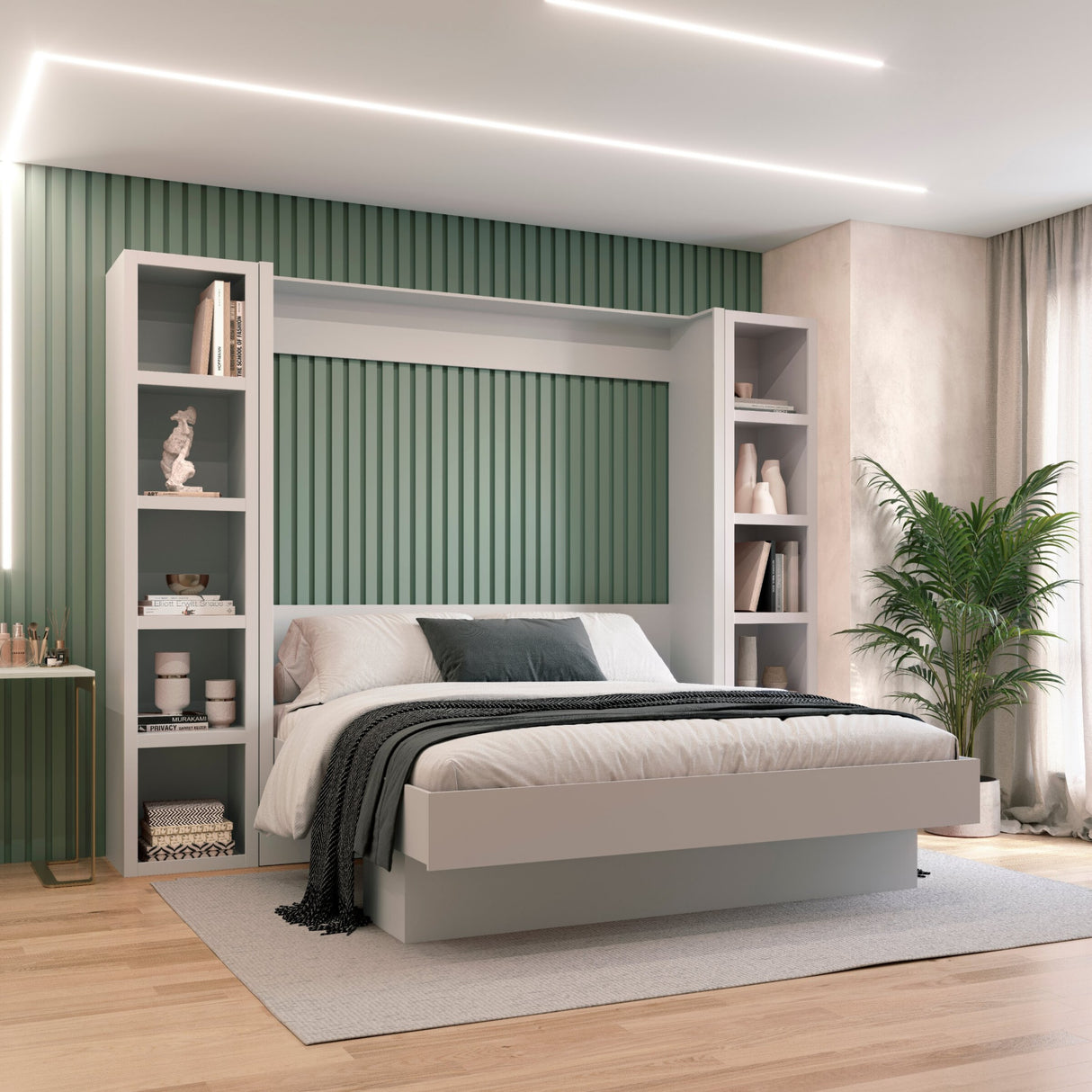 Easy-Lift King Murphy Wall Bed in White with Two Bookshelves