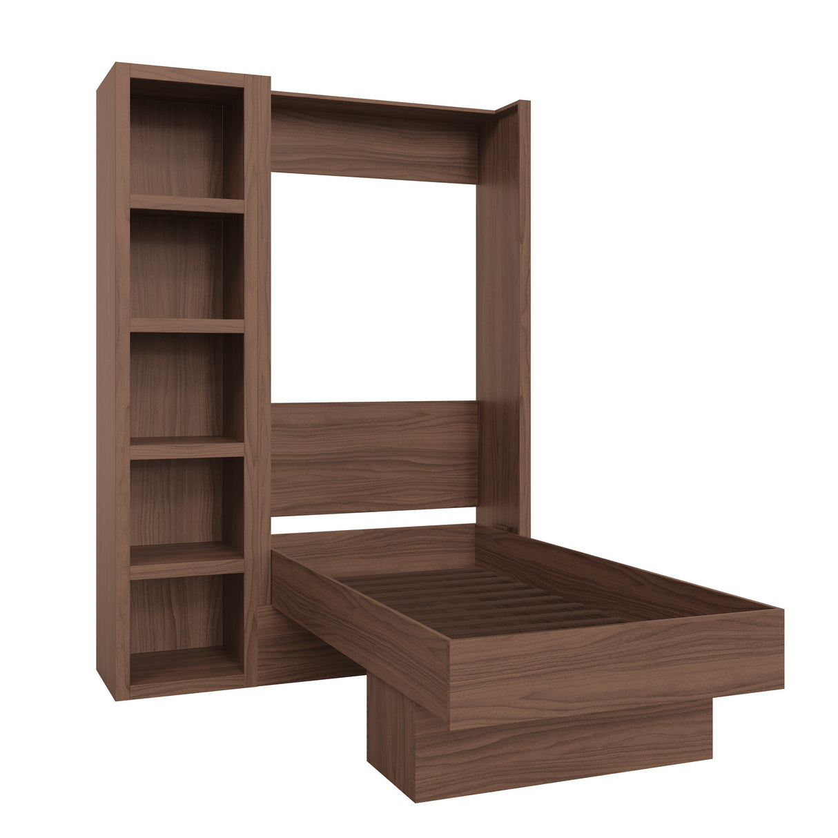 Easy-Lift Twin Murphy Wall Bed in Natural Brown Wood Grain with Bookshelf - Sharicks
