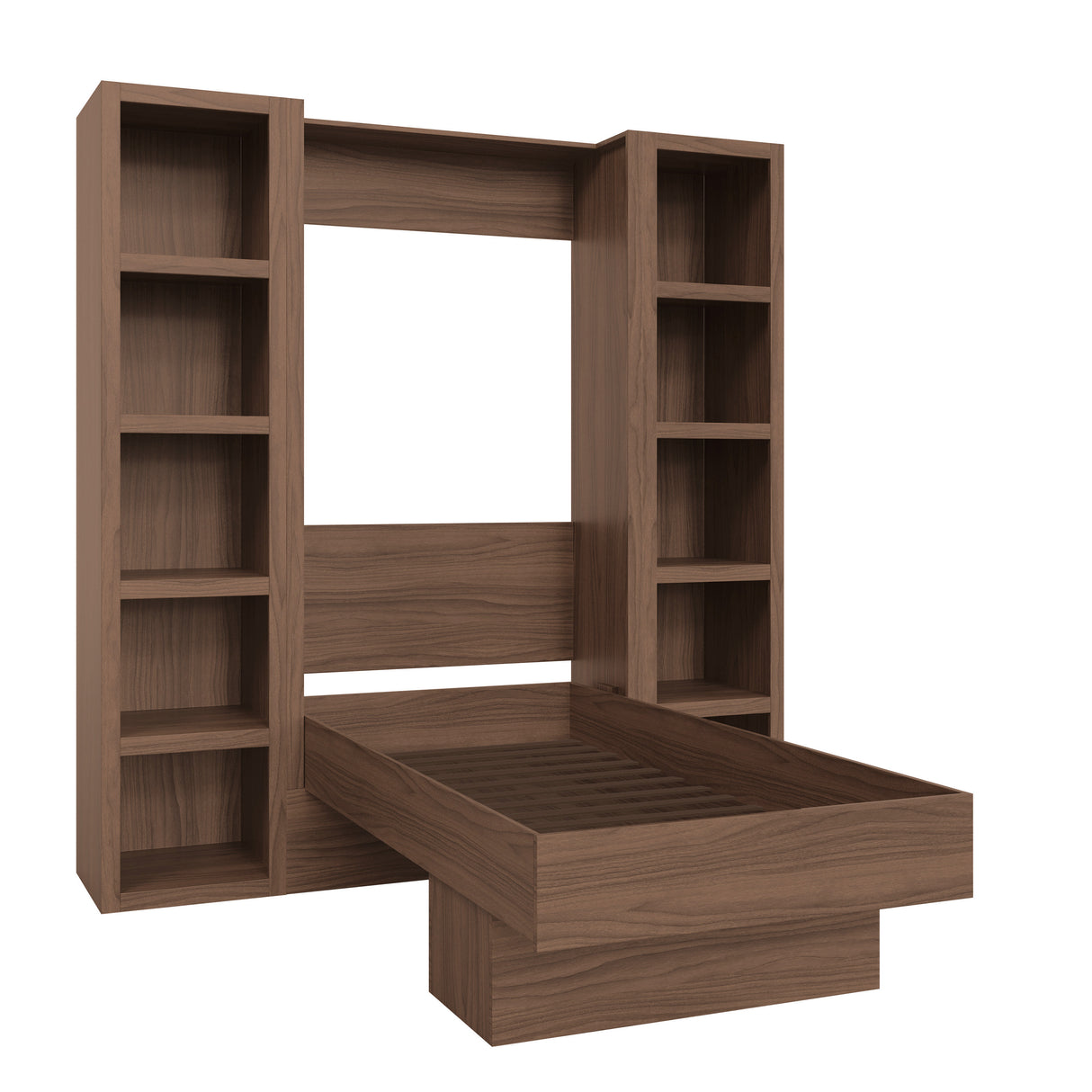 Easy-Lift Twin Murphy Wall Bed in Natural Brown Wood Grain with Two Bookshelves - Sharicks