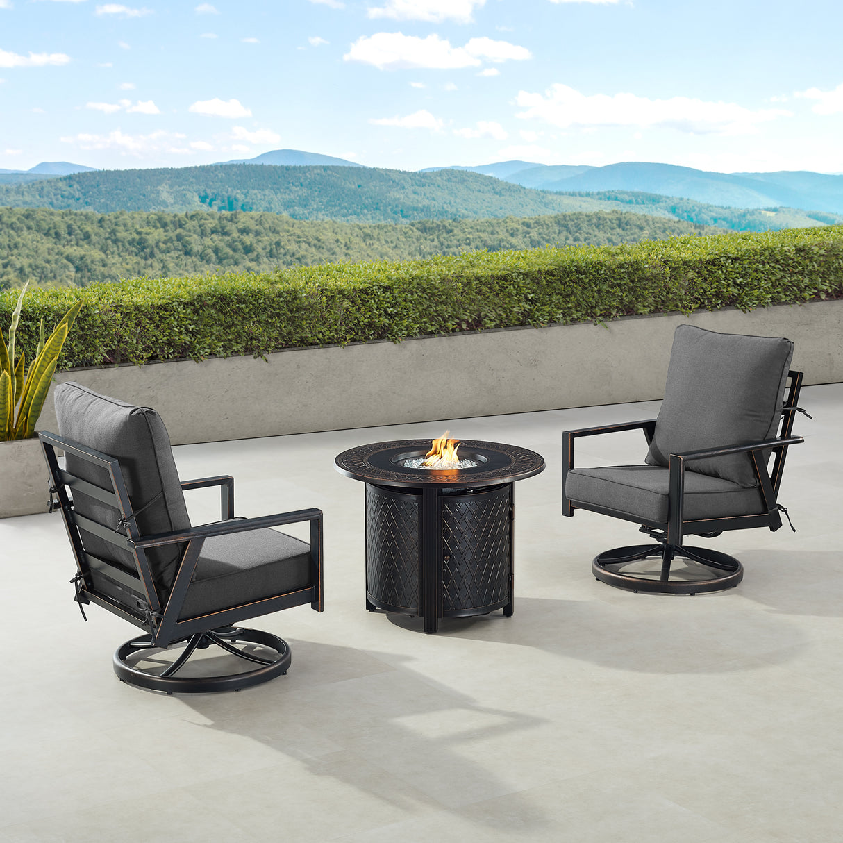 Black Aluminum Fire Table Bistro Set with Two Club Chairs - Sharicks
