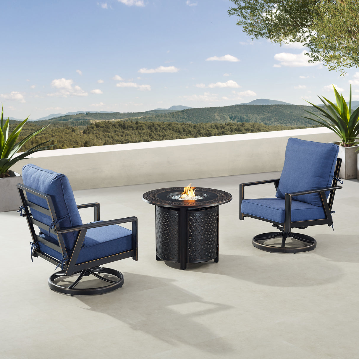 Black Aluminum Fire Table Bistro Set with Two Club Chairs - Sharicks