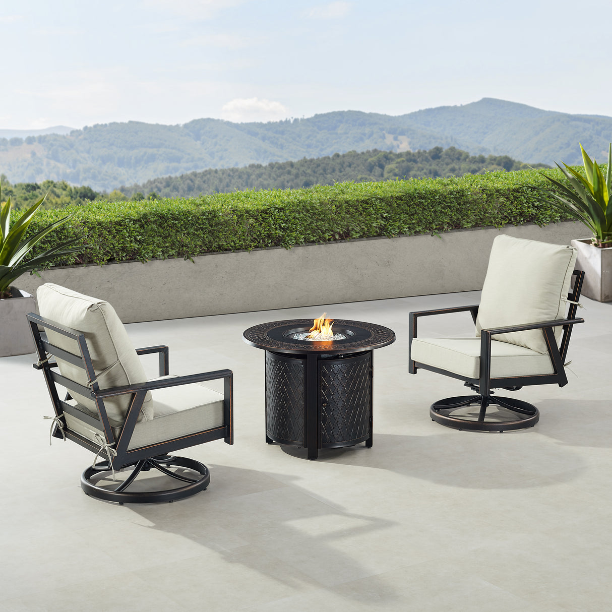 Black Aluminum Fire Table Bistro Set with Two Club Chairs - Sharicks