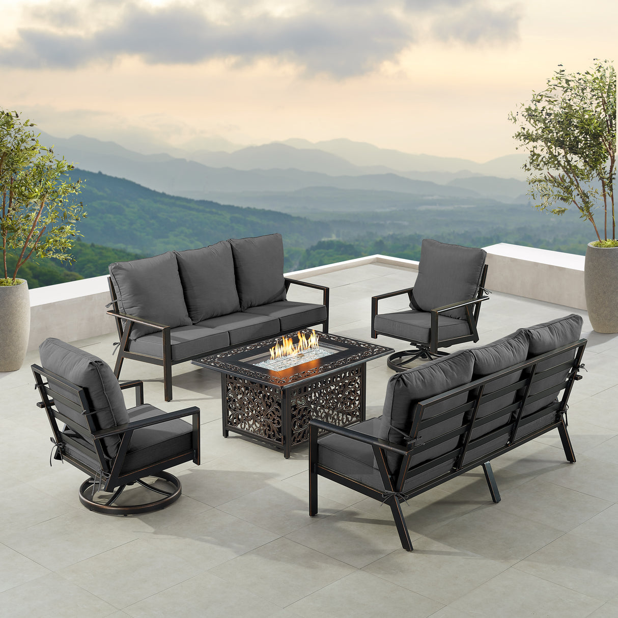 Black Aluminum Fire Table Set with Two Deep Seating Sofa with Cushions and Two Club Chairs - Sharicks