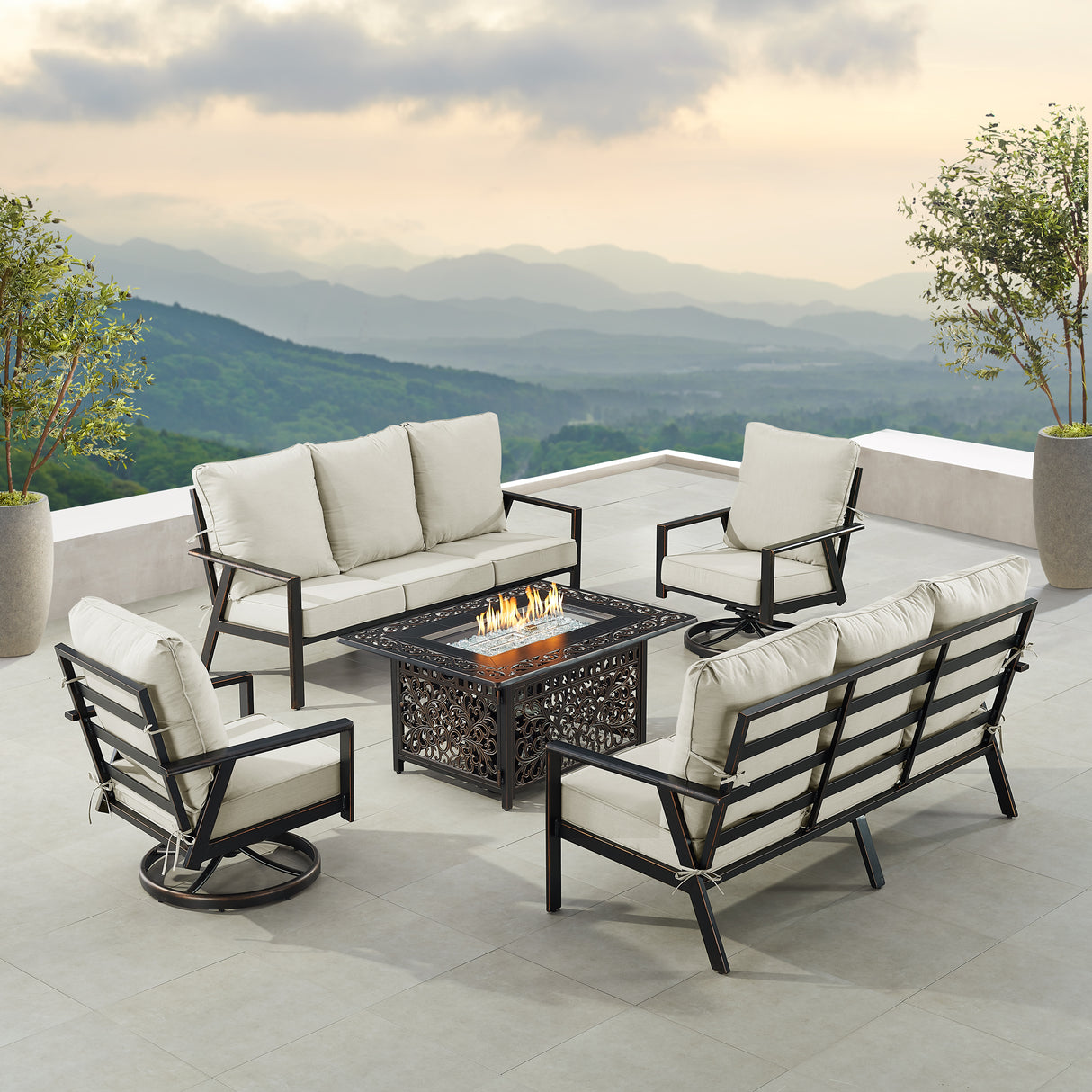 Black Aluminum Fire Table Set with Two Deep Seating Sofa with Cushions and Two Club Chairs - Sharicks