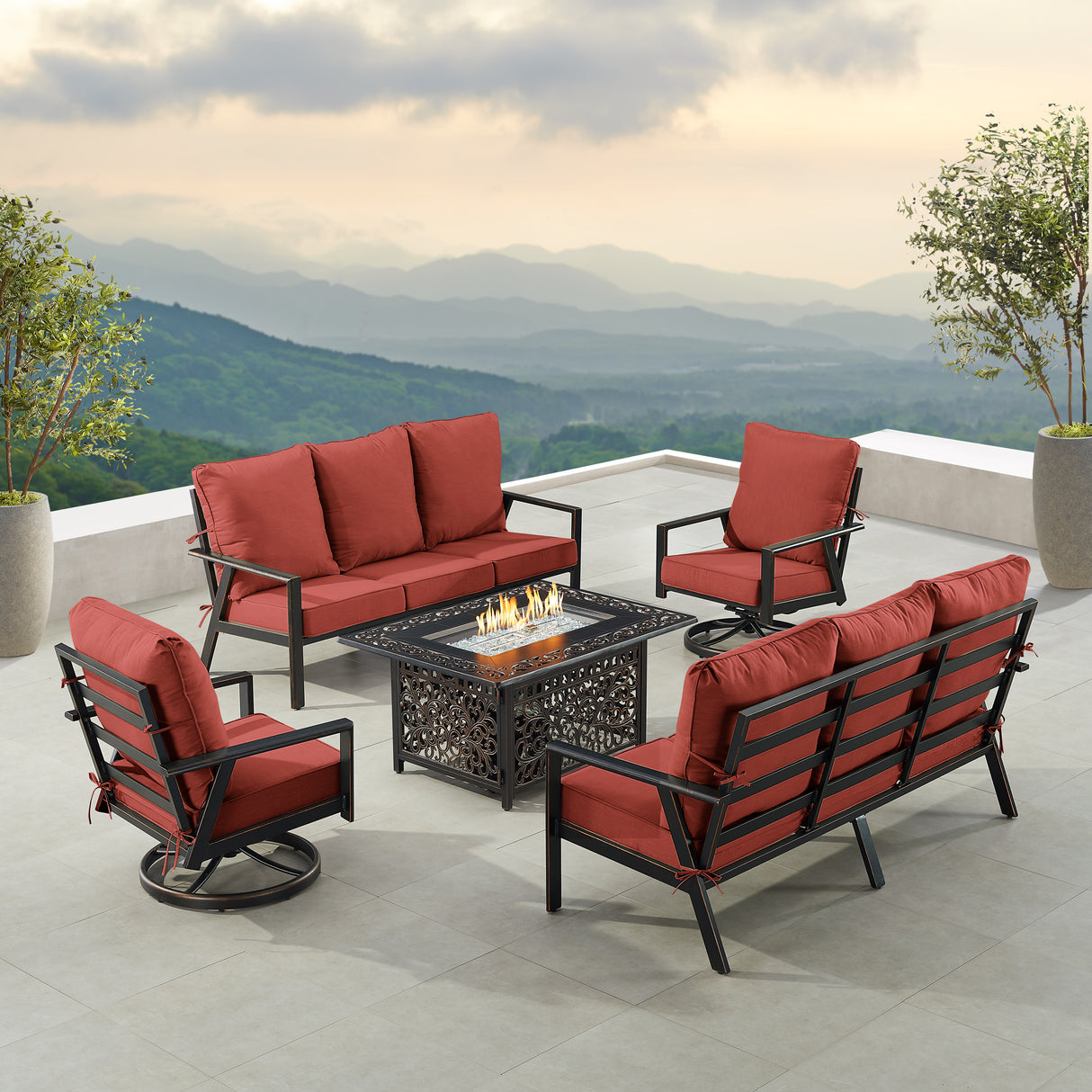 Black Aluminum Fire Table Set with Two Deep Seating Sofa with Cushions and Two Club Chairs - Sharicks