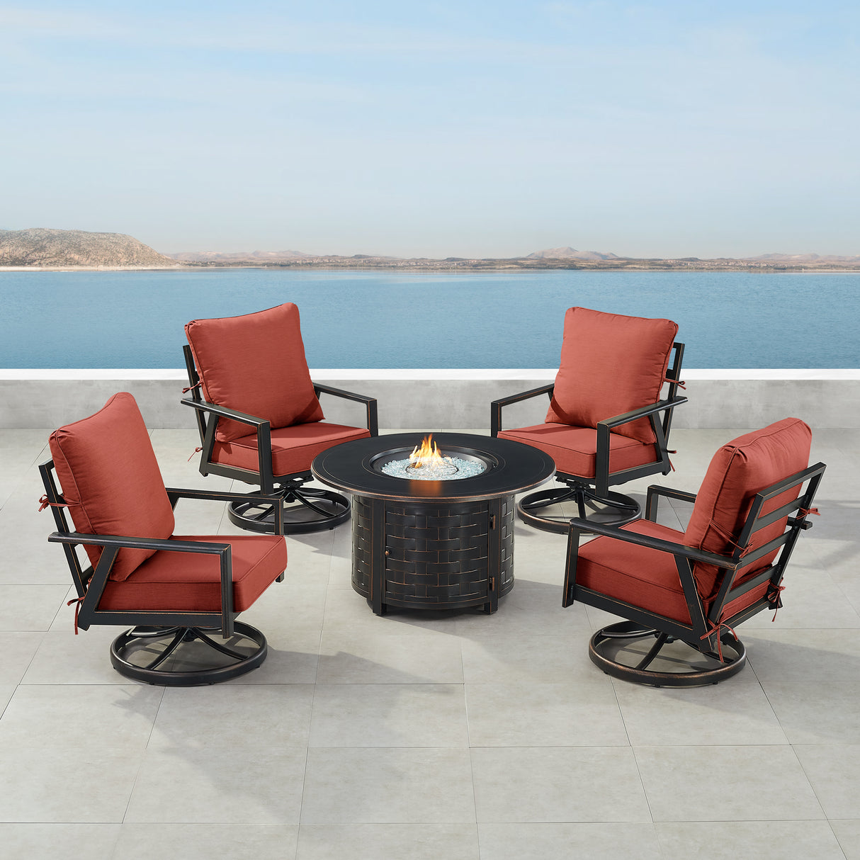 Black Aluminum Fire Table Set with Four Club Chairs - Sharicks