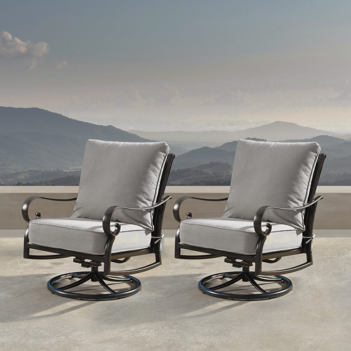 Aluminum Ornate Deep Seating Swivel Rocking Club Chairs Grey Cushions Sharicks