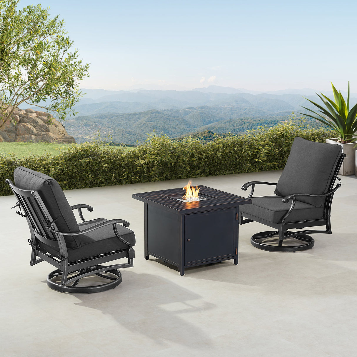 Black Aluminum Fire Table Bistro Set with Two Club Chairs - Sharicks