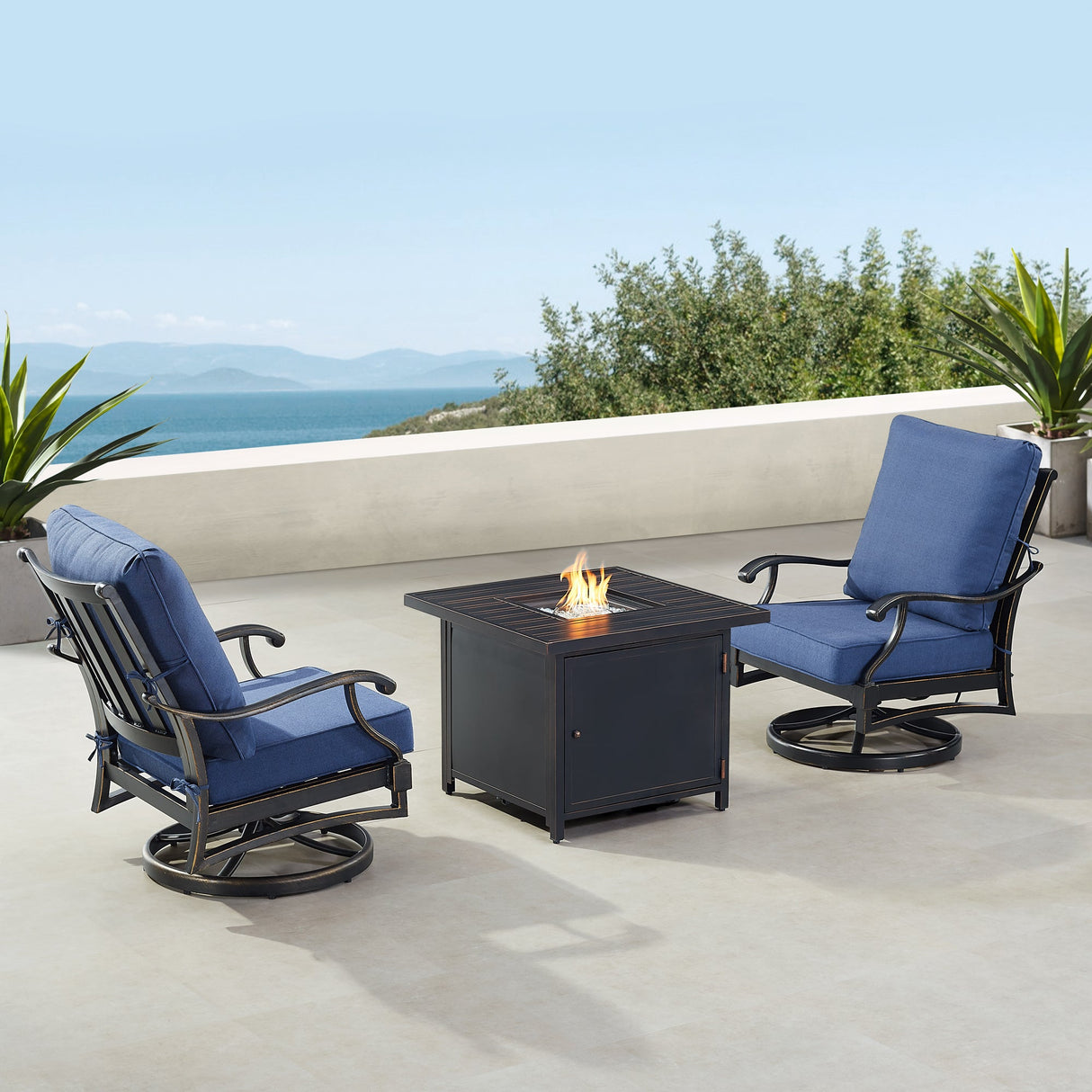 Black Aluminum Fire Table Bistro Set with Two Club Chairs - Sharicks