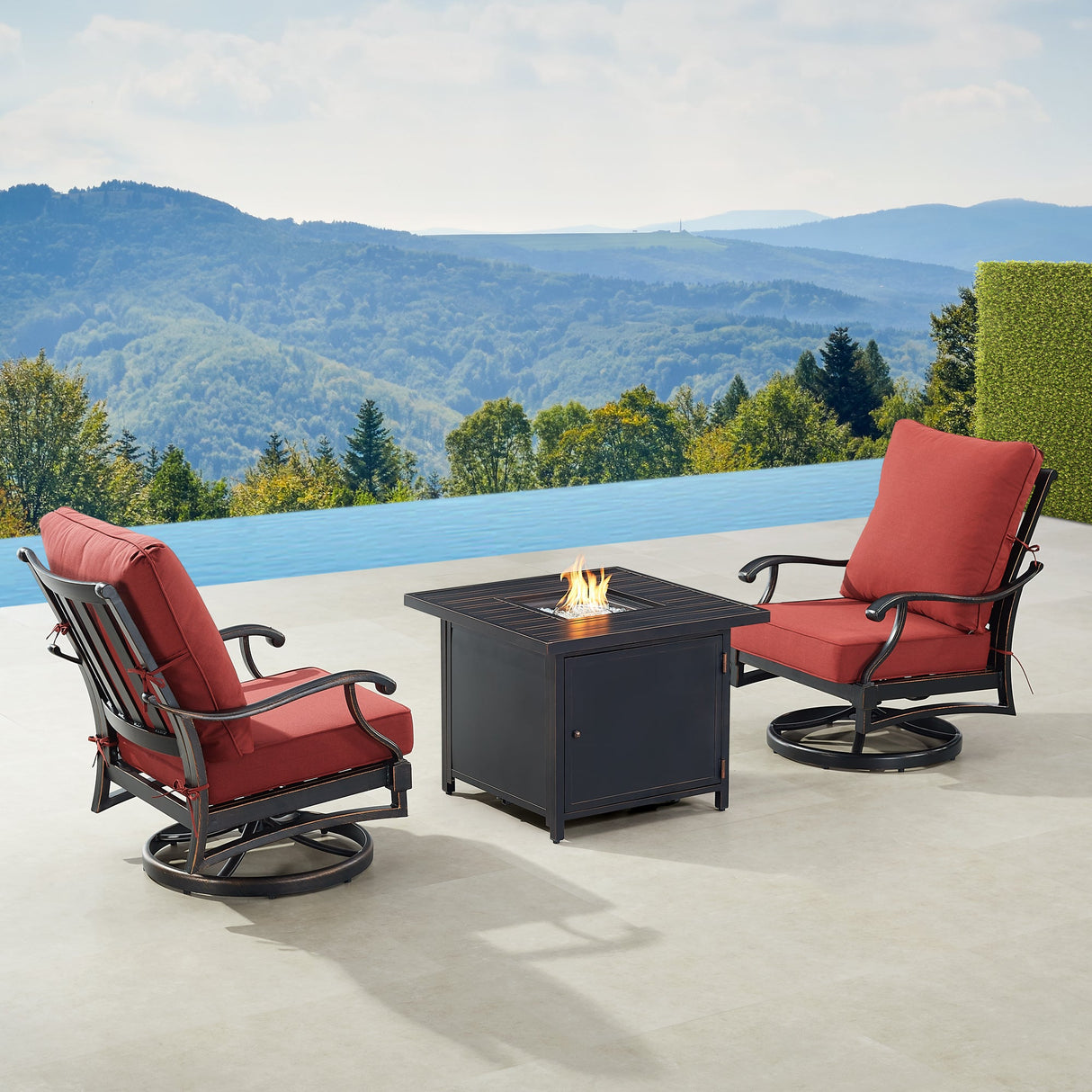 Black Aluminum Fire Table Bistro Set with Two Club Chairs - Sharicks