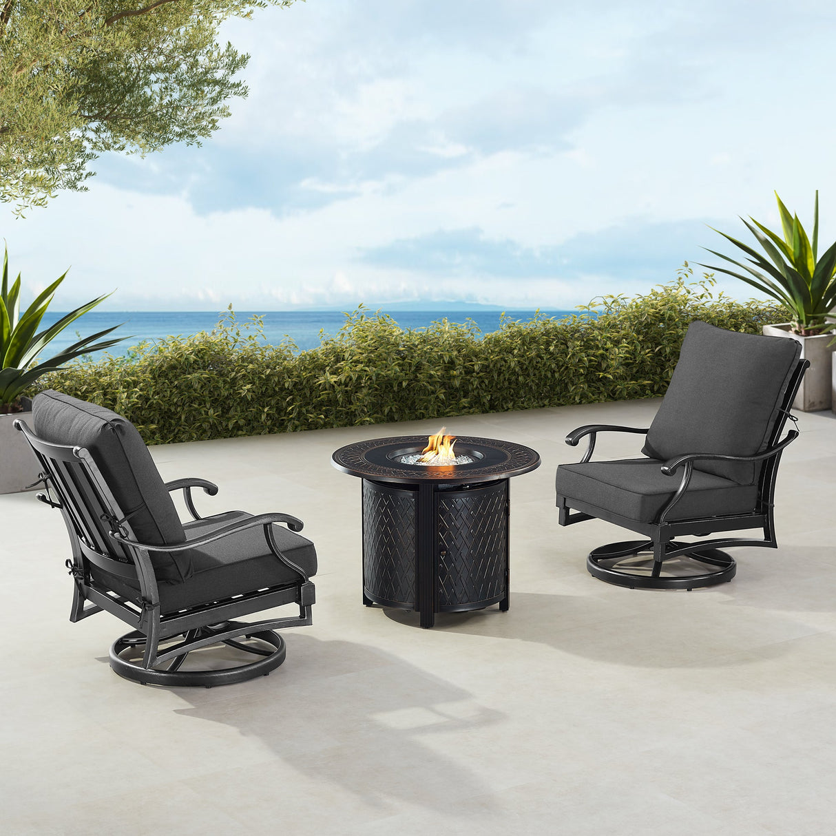 Black Aluminum Fire Table Bistro Set with Two Club Chairs - Sharicks