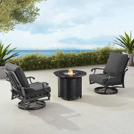Black Aluminum Fire Table Bistro Set with Two Club Chairs