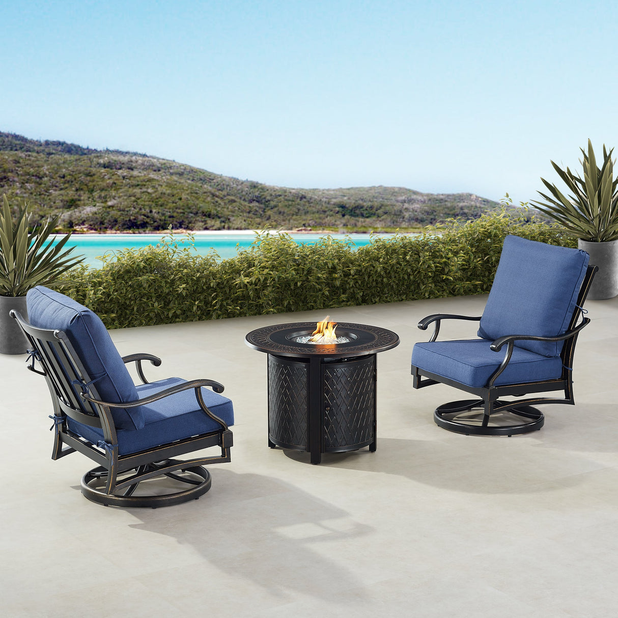 Black Aluminum Fire Table Bistro Set with Two Club Chairs - Sharicks