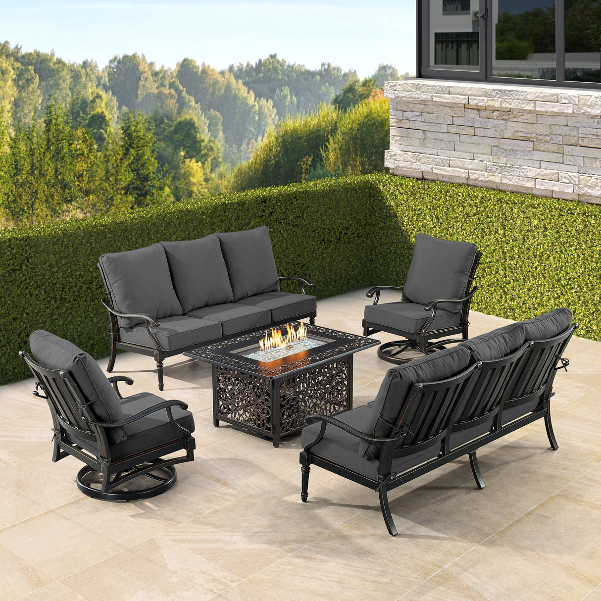 Black Aluminum Fire Table Set with Two Sofas and Two Club Chairs - Sharicks