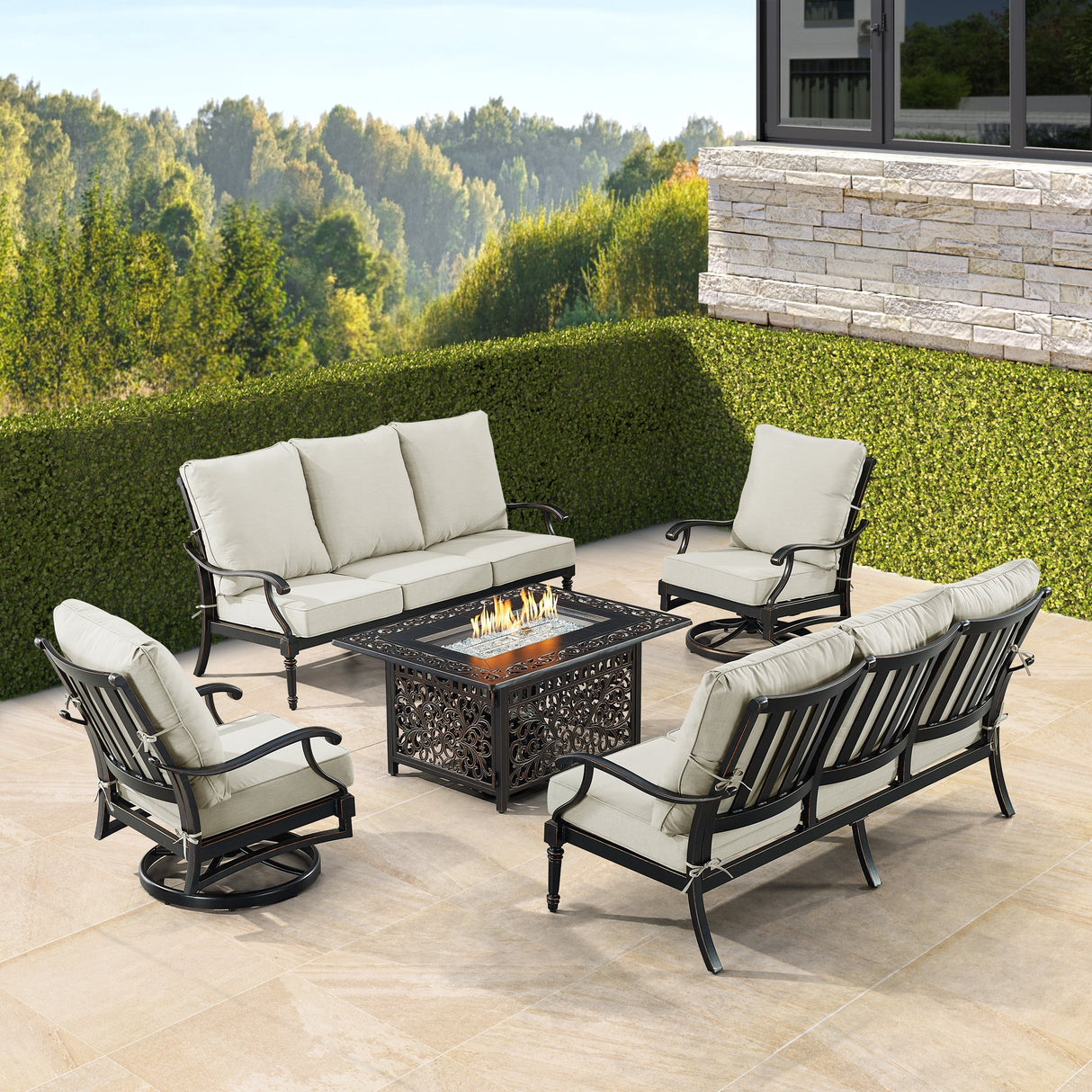 Black Aluminum Fire Table Set with Two Sofas and Two Club Chairs - Sharicks