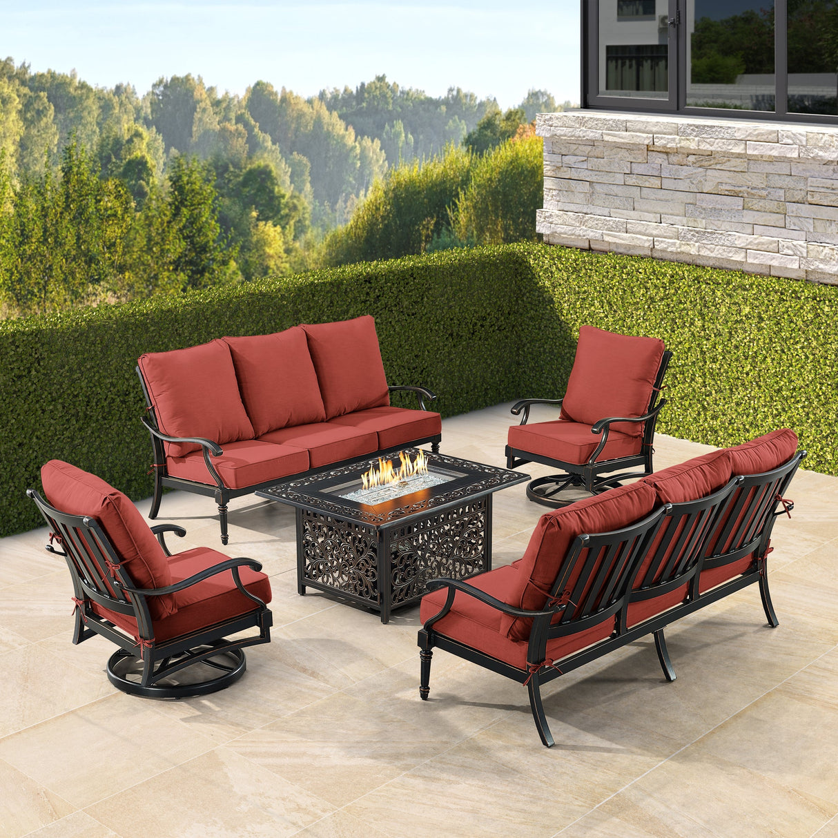 Black Aluminum Fire Table Set with Two Sofas and Two Club Chairs - Sharicks