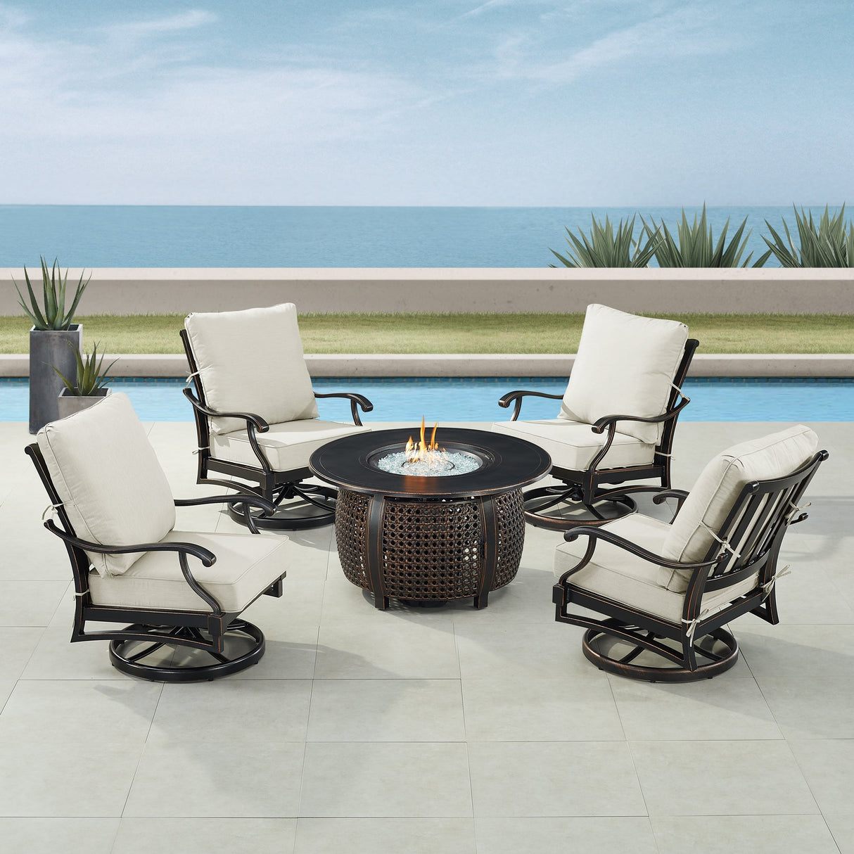 Black Aluminum Fire Table Set with Four Club Chairs - Sharicks