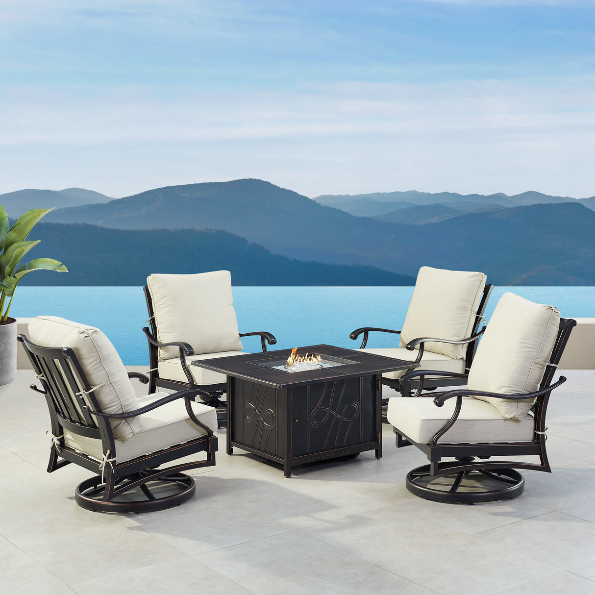 Black Aluminum Fire Table Set with Four Club Chairs - Sharicks