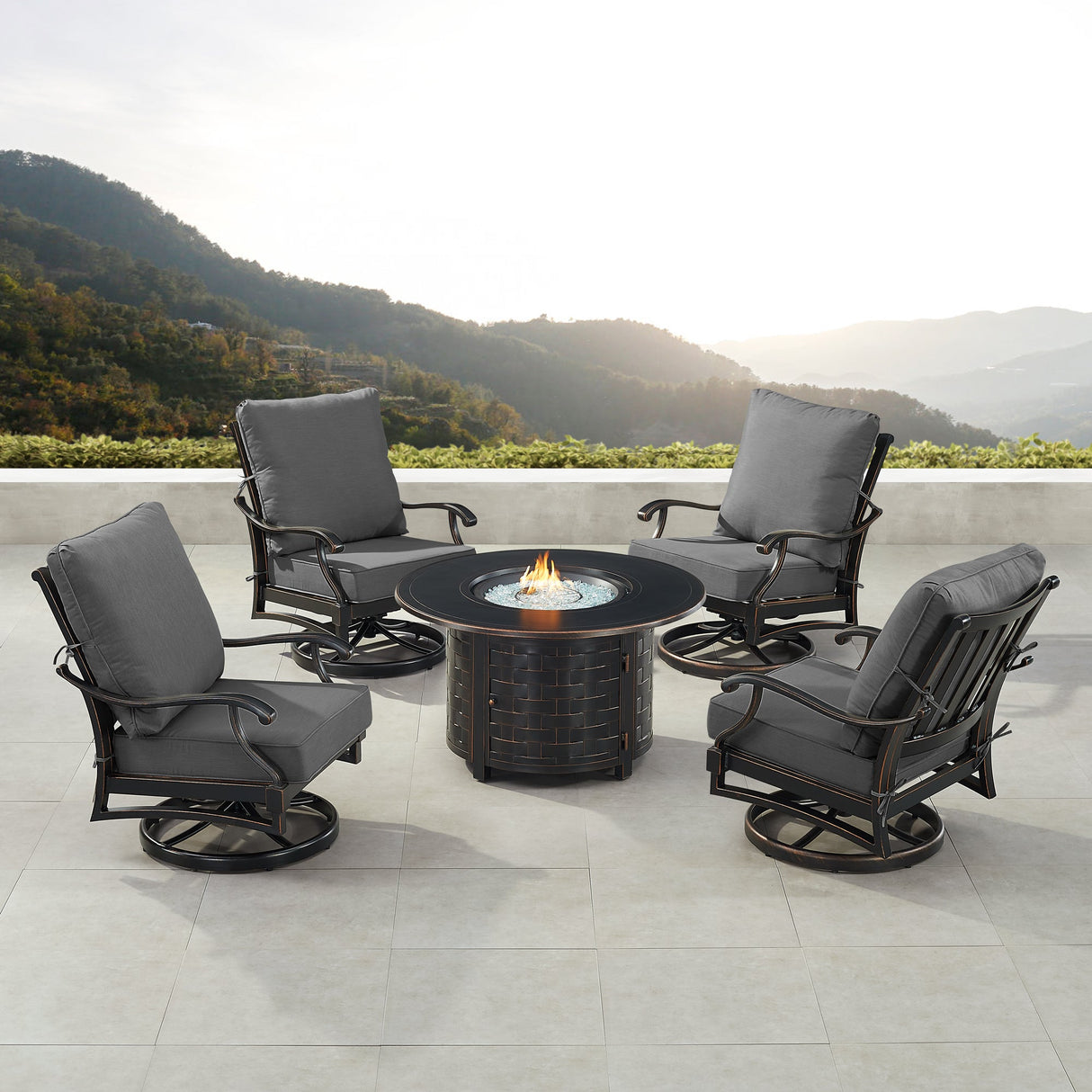 Black Aluminum Fire Table Set with Four Club Chairs - Sharicks