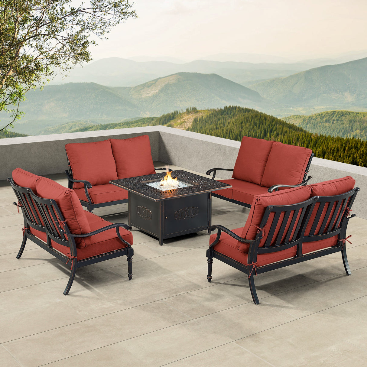 Black Aluminum Fire Table Set with Four Deep Seating Loveseats - Sharicks