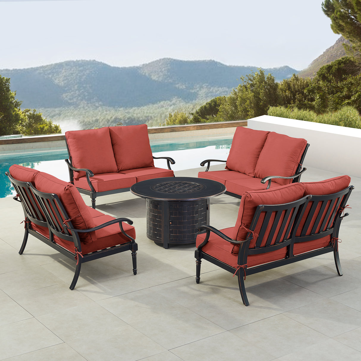 Black Aluminum Fire Table Set with Four Deep Seating Loveseats - Sharicks