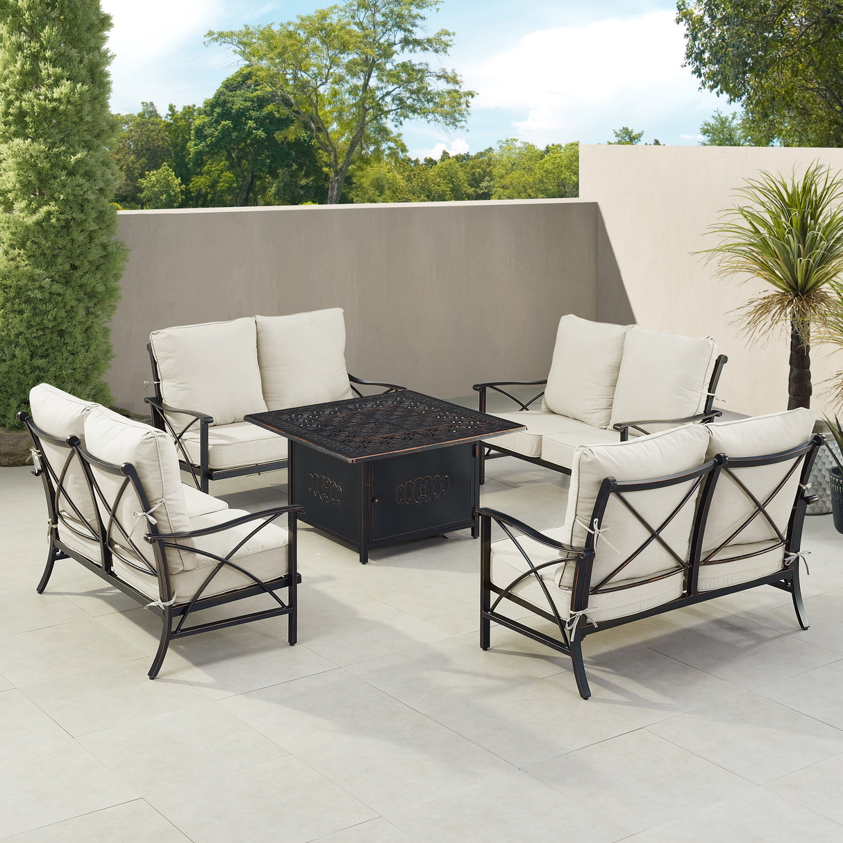 Black Aluminum Fire Table Set with Four Deep Seating Loveseat with Cushions - Sharicks