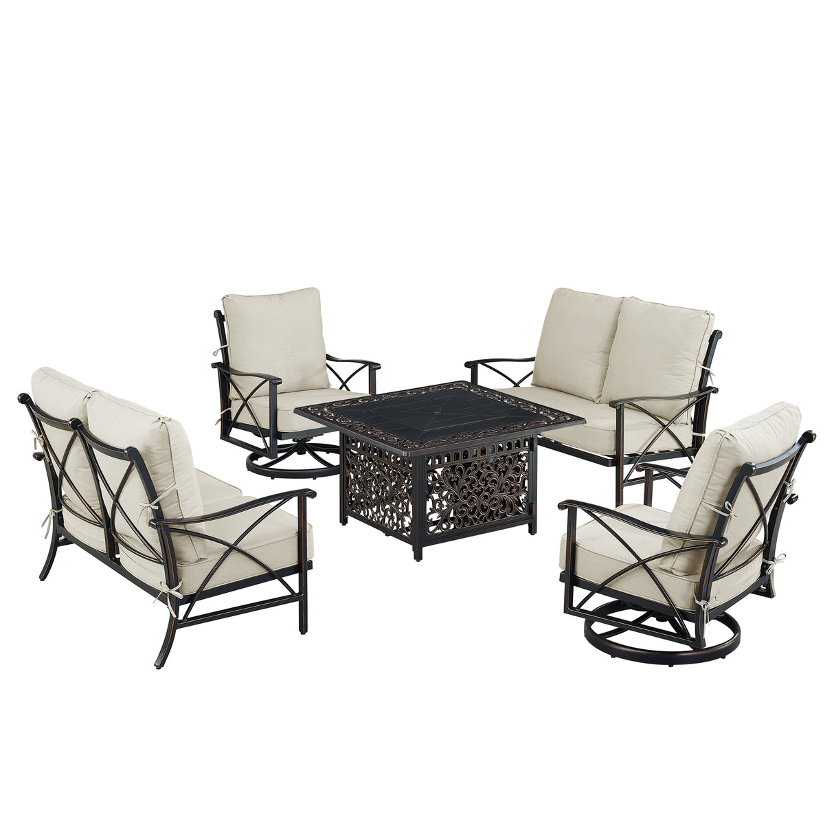 Black Aluminum Fire Table Set with Two Deep Seating Loveseat with Cushions and Two Club Chairs - Sharicks