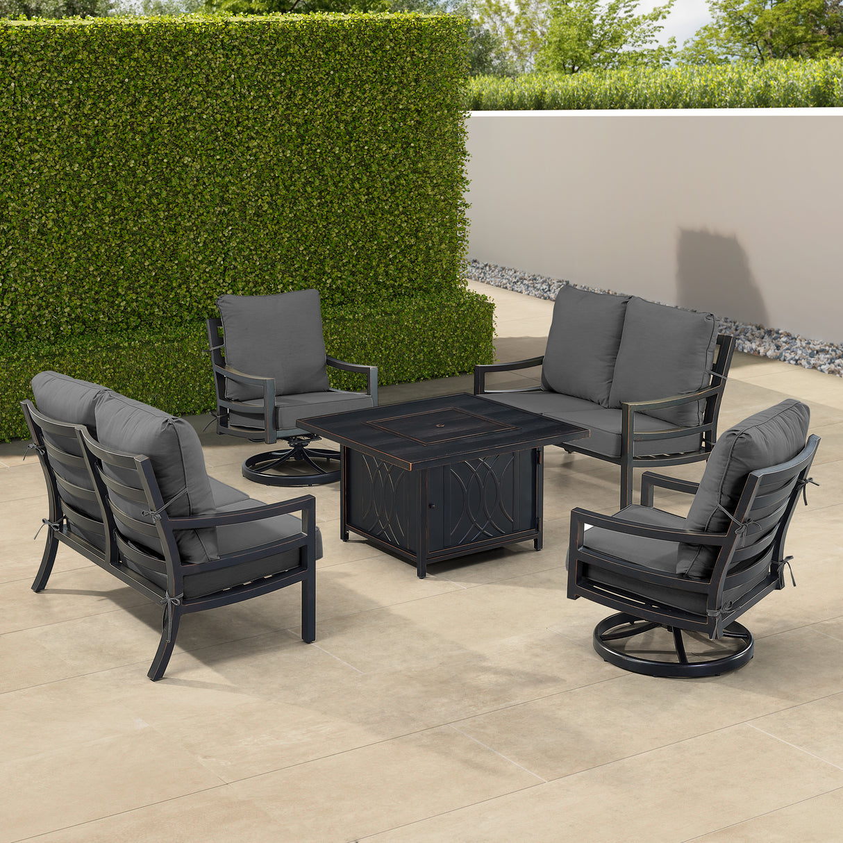 Black Aluminum Fire Table Set with Two Loveseats and Two Club Chairs - Sharicks