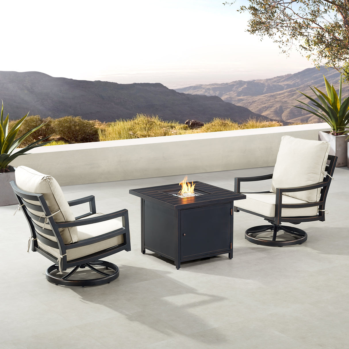 Black Aluminum Fire Table Bistro Set with Two Club Chairs - Sharicks