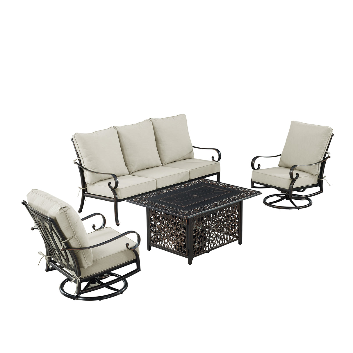 Black Aluminum Fire Table Set with Sofa and Two Club Chairs - Sharicks