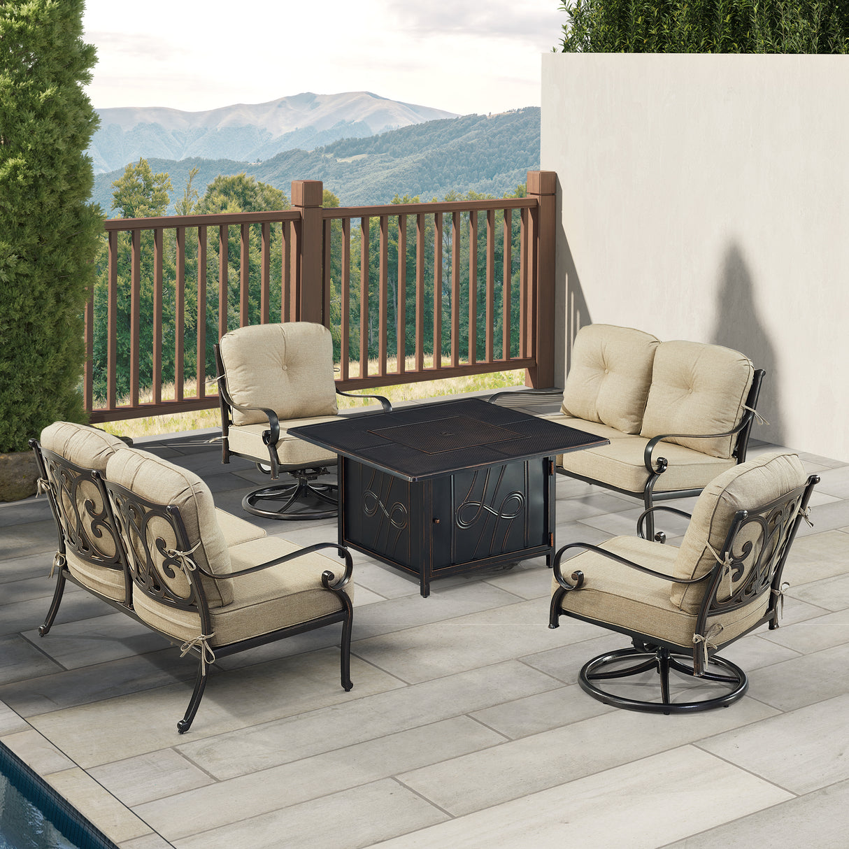 Black Aluminum Fire Table Set with Two Deep Seating Loveseat with Cushions and Two Club Chairs - Sharicks