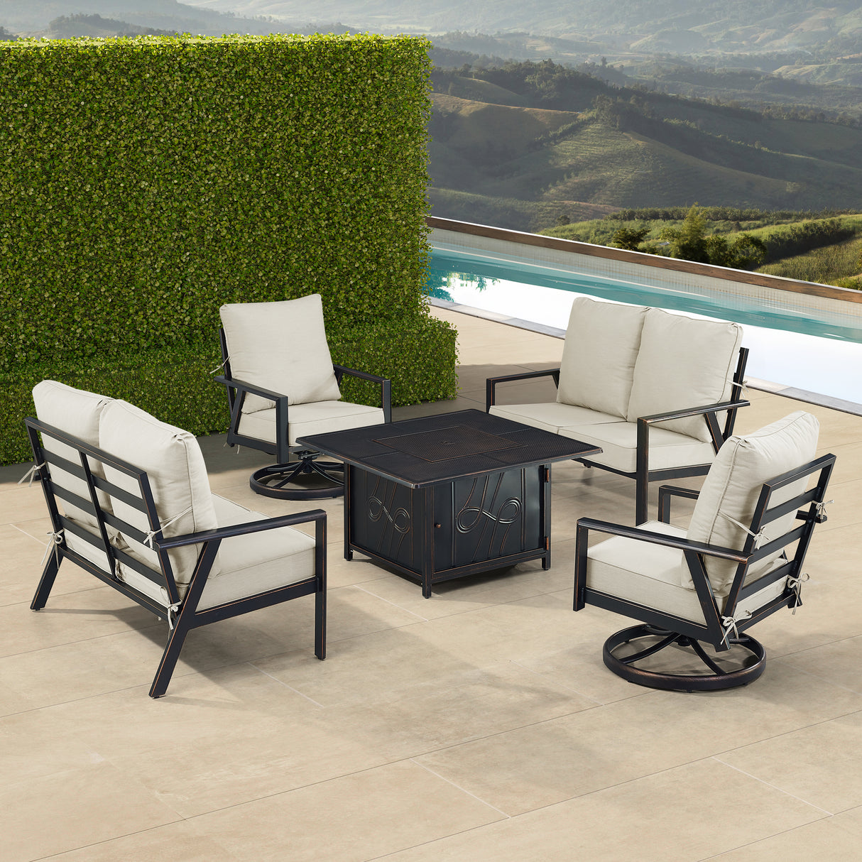 Black Aluminum Fire Table Set with Two Deep Seating Loveseat with Cushions and Two Club Chairs - Sharicks