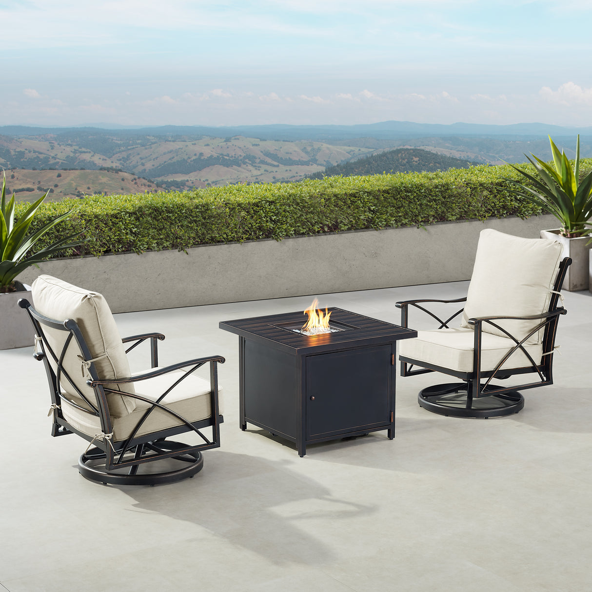 Black Aluminum Fire Table Bistro Set with Two Club Chairs - Sharicks