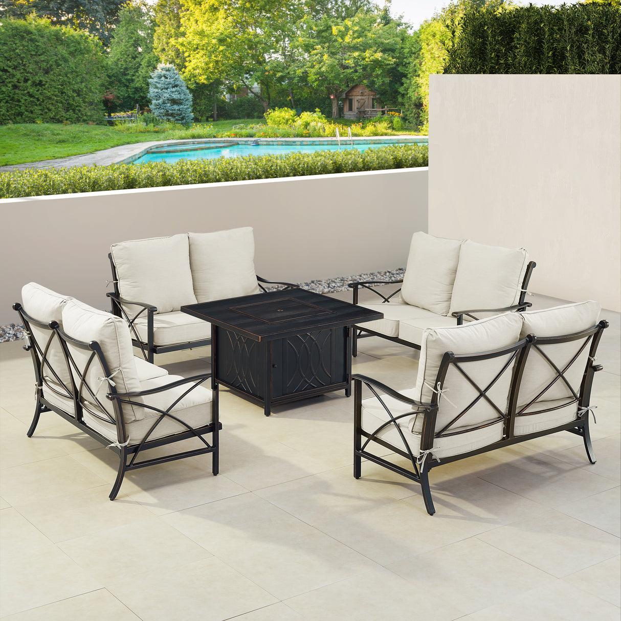 Black Aluminum Fire Table Set with Four Deep Seating Loveseat with Cushions - Sharicks