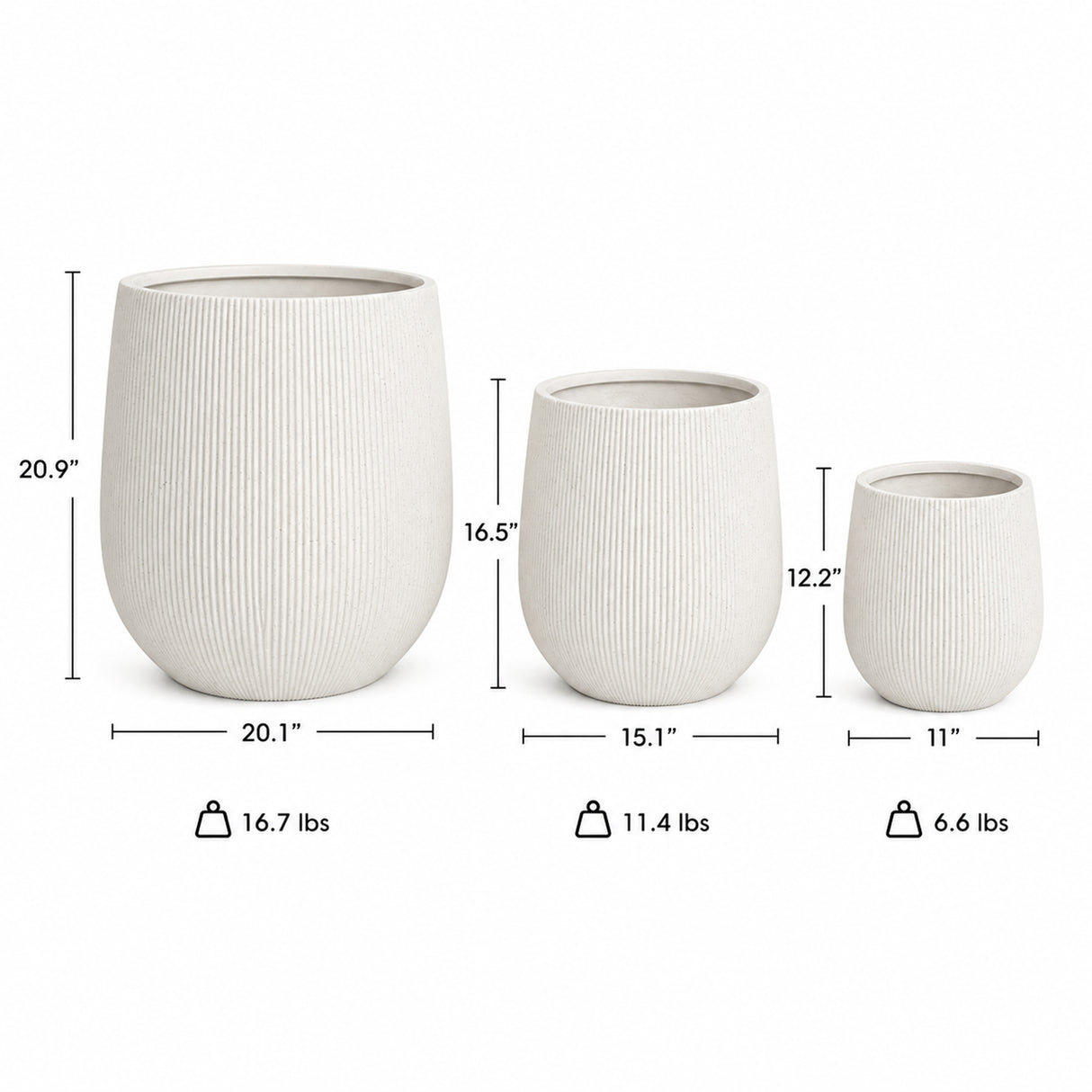 Set of 3 Fluted Round Polystone Indoor/Outdoor Planters, White