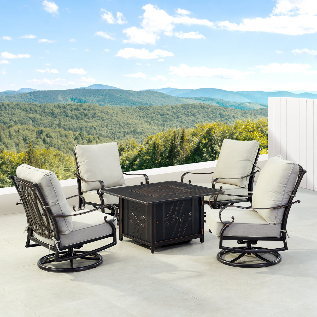Black Aluminum Fire Table Set with Four Club Chairs - Sharicks