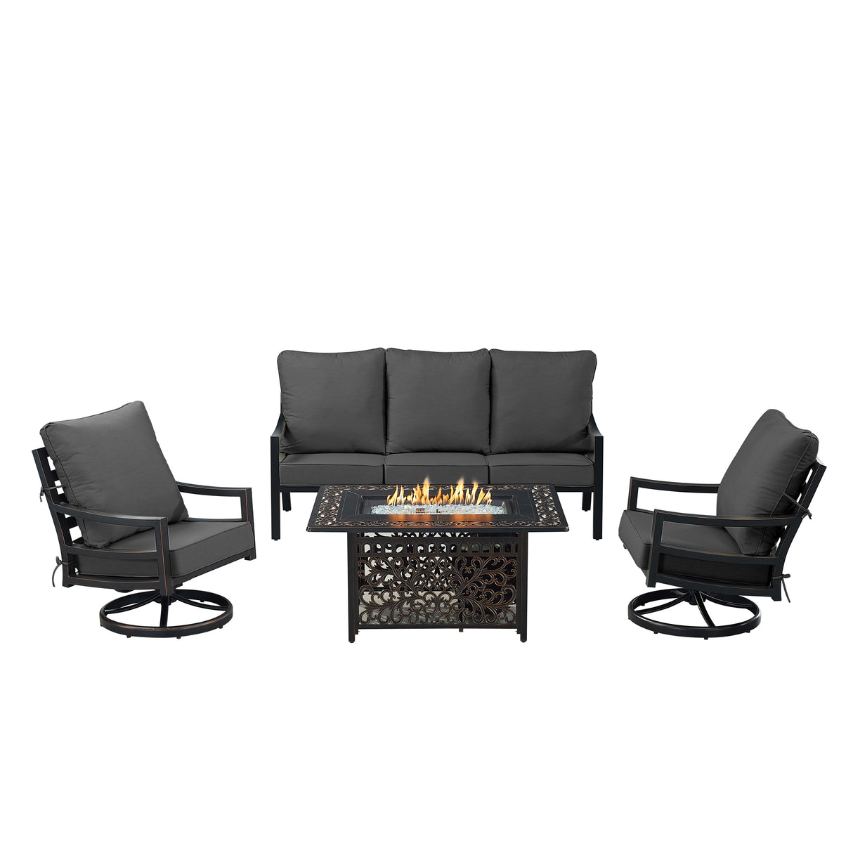 Black Aluminum Fire Table Set with Sofa and Two Club Chairs - Sharicks