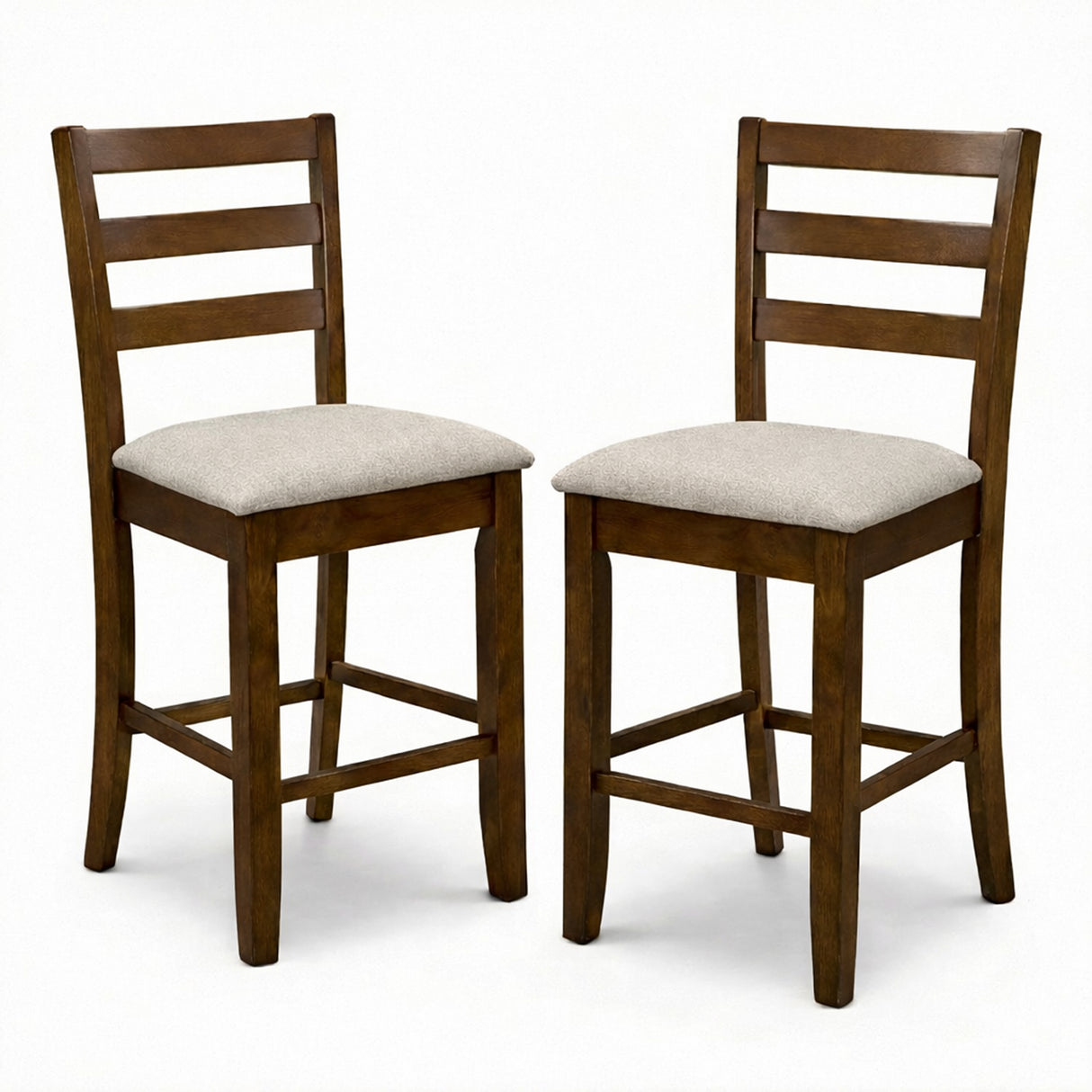 Modern Counter Height Bar Stools, Set of 2, Dirty Oak Finish with Greige Polyester Upholstered Seats Solid Rubberwood