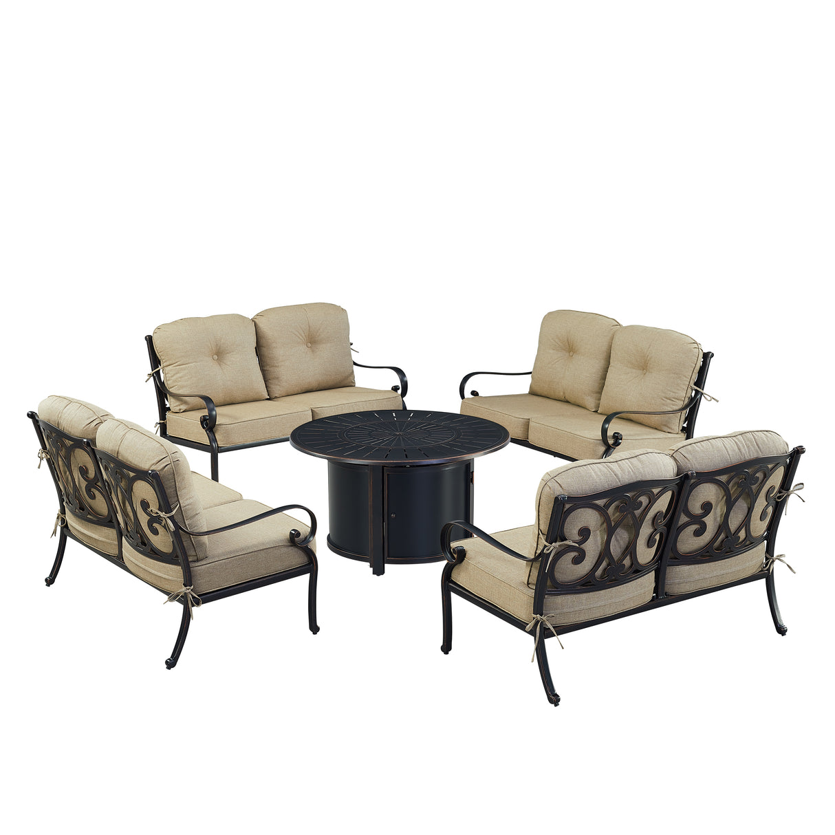 Black Aluminum Fire Table Set with Four Deep Seating Loveseat with Cushions - Sharicks