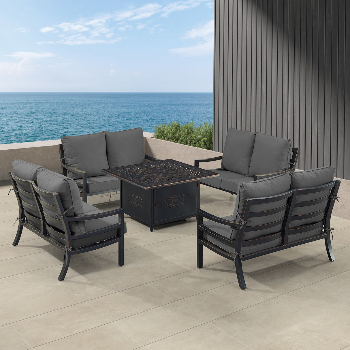 Black Aluminum Fire Table Set with Four Deep Seating Loveseats - Sharicks