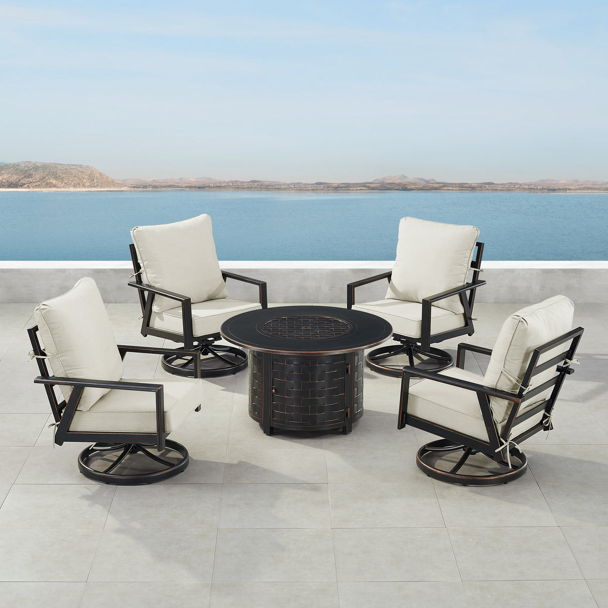 Black Aluminum Fire Table Set with Four Club Chairs - Sharicks