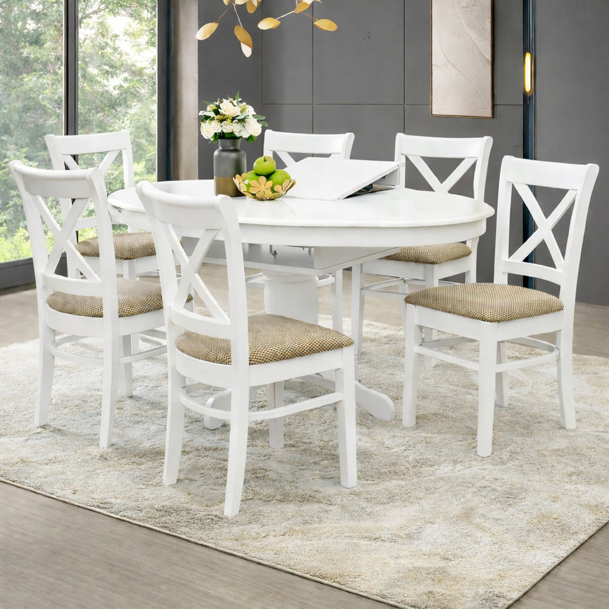 Farmhouse 7-Piece Inch Oval Extendable Dining Set, White Finish with Brown Polyester Upholstered Chairs, Solid Rubberwood