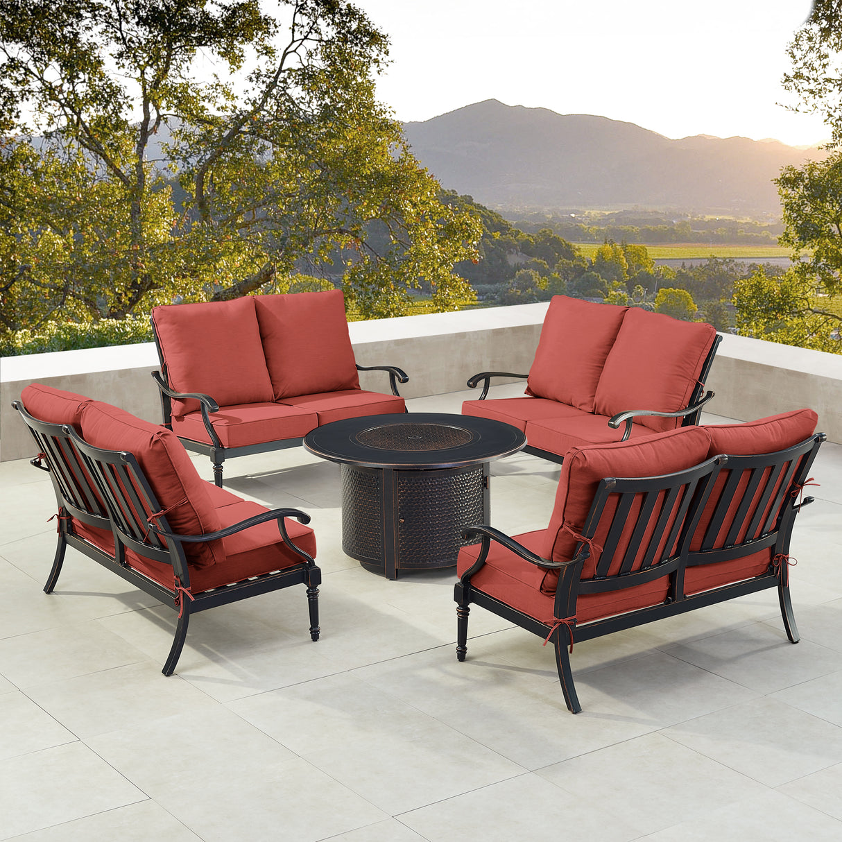 Black Aluminum Fire Table Set with Four Deep Seating Loveseats - Sharicks