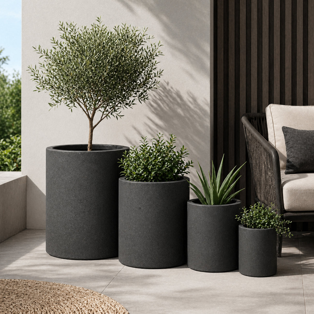 Set of 4 Round Cylinder Polystone Indoor/Outdoor Planters, Black