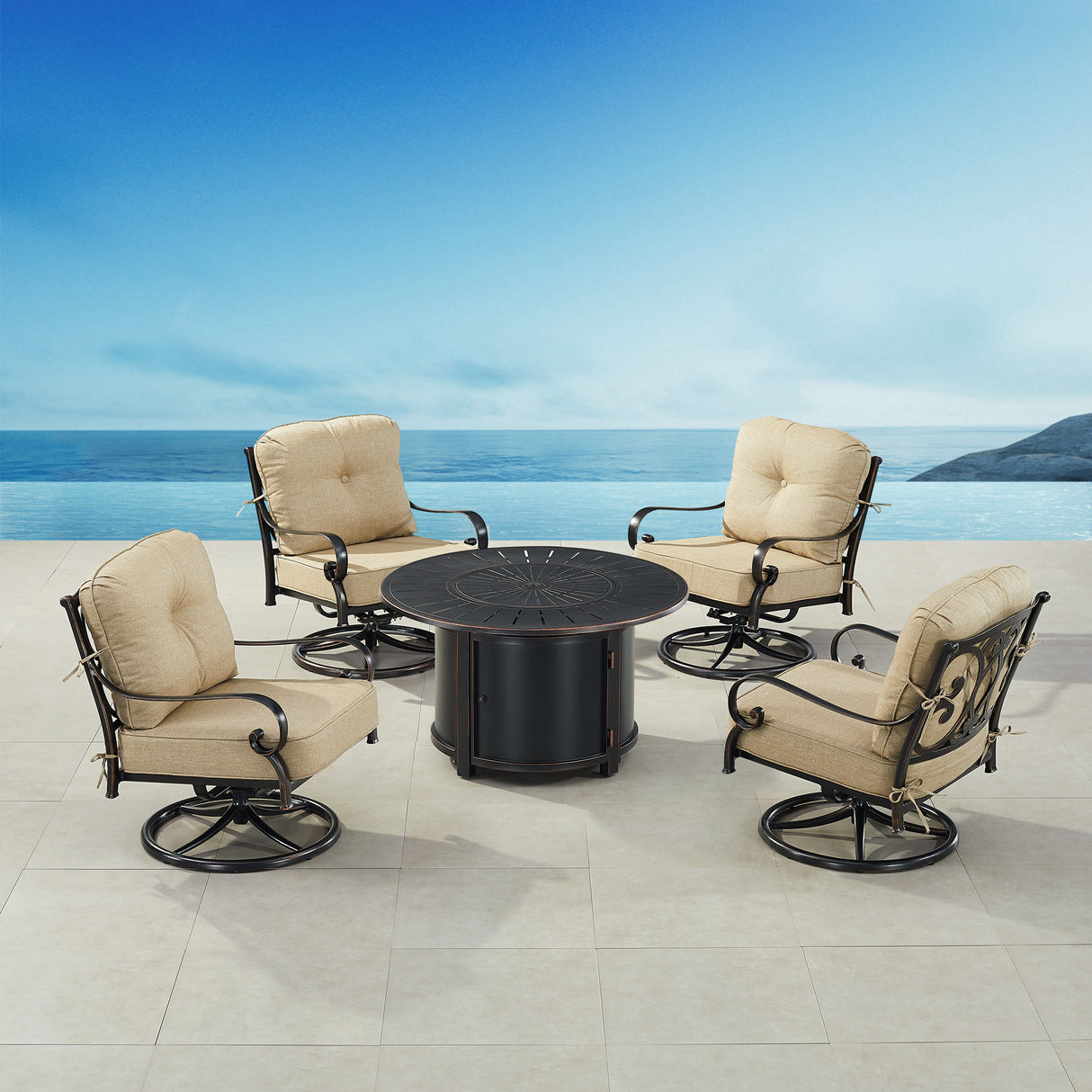 Black Aluminum Fire Table Set with Four Club Chairs - Sharicks