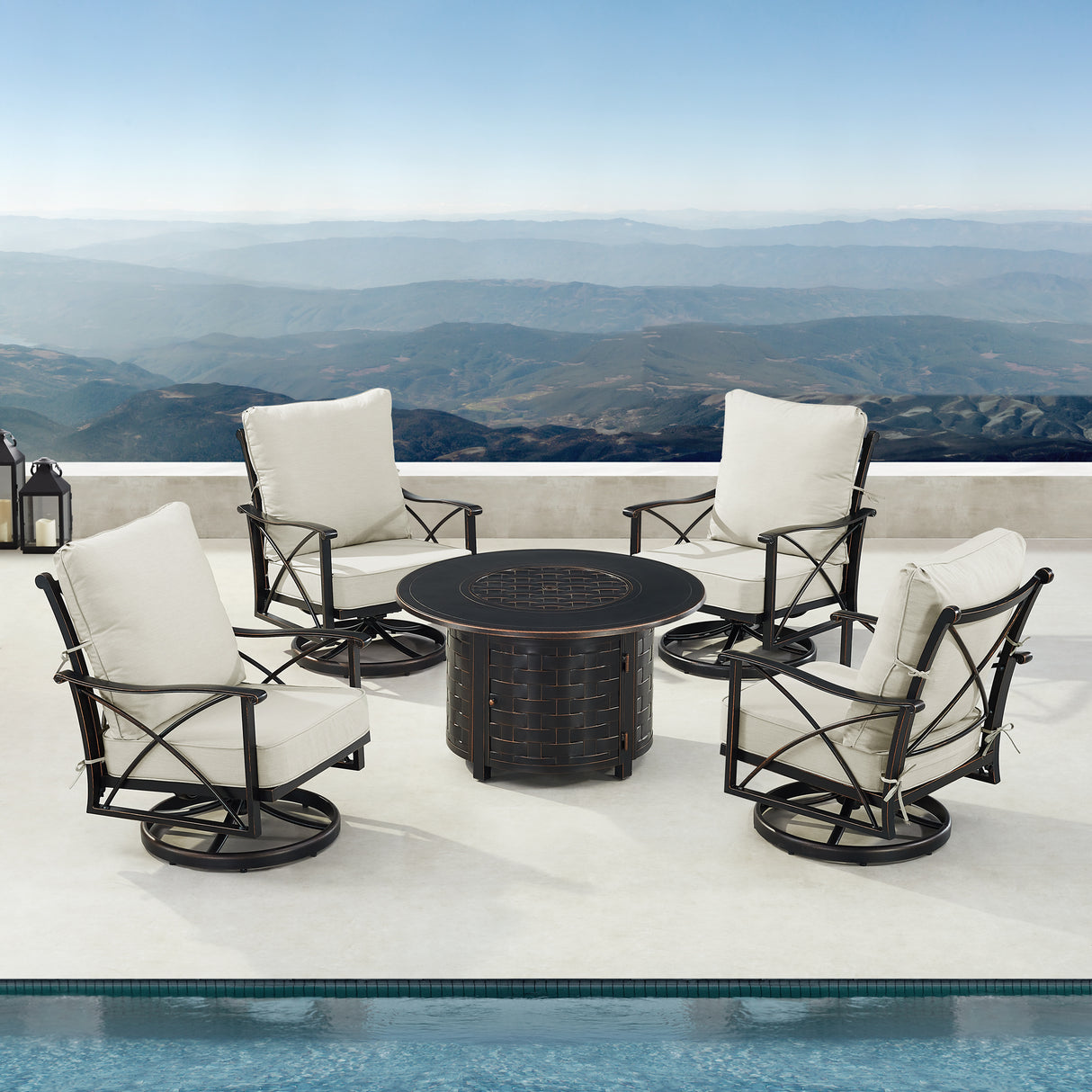 Black Aluminum Fire Table Set with Four Club Chairs - Sharicks