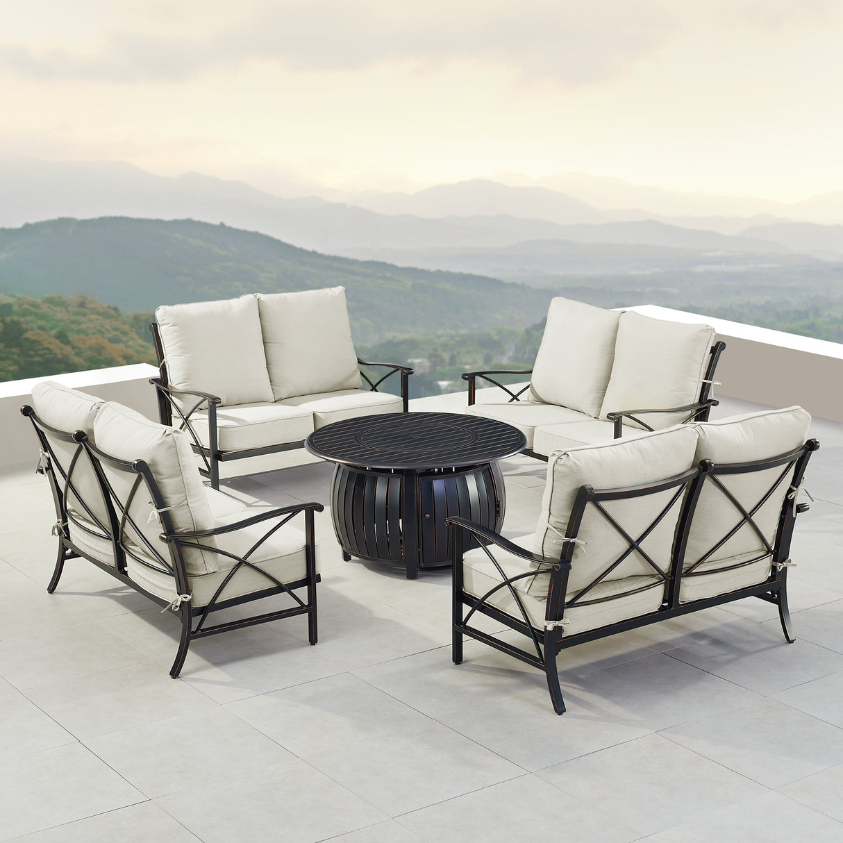 Black Aluminum Fire Table Set with Four Deep Seating Loveseat with Cushions - Sharicks